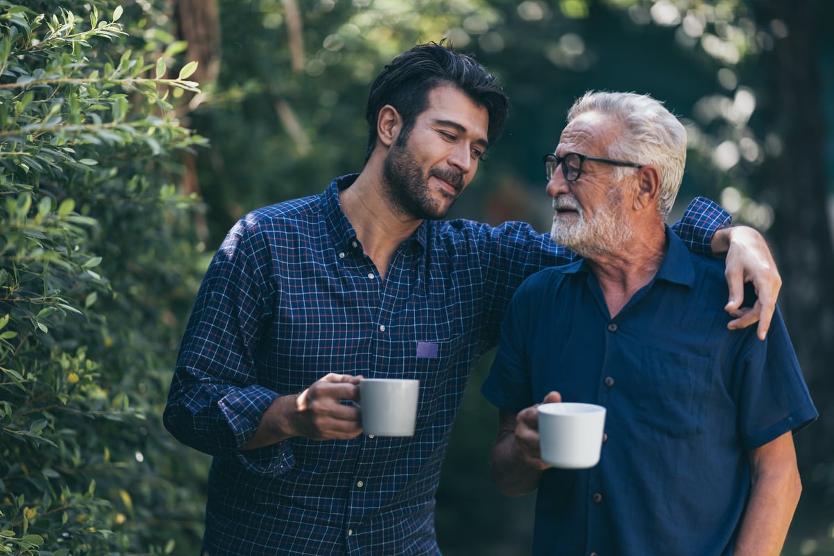 Old Father and Son, Morning Coffee in a Garden